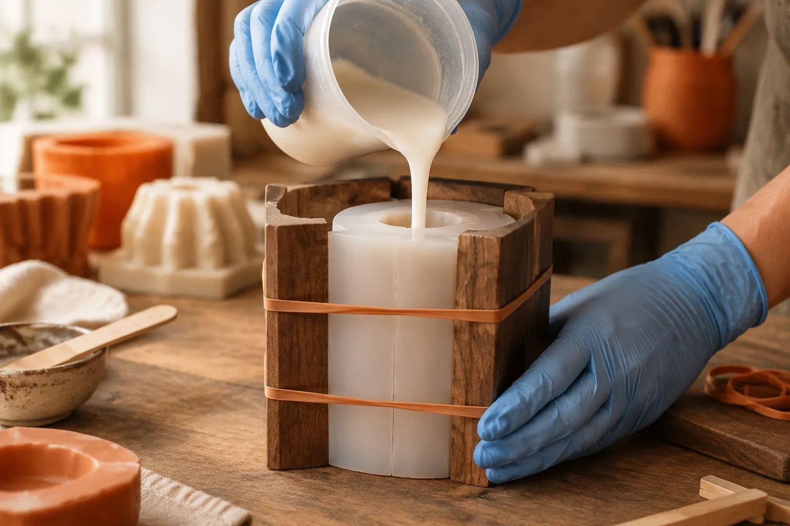 Gloved hands pouring liquid resin into a silicone mould