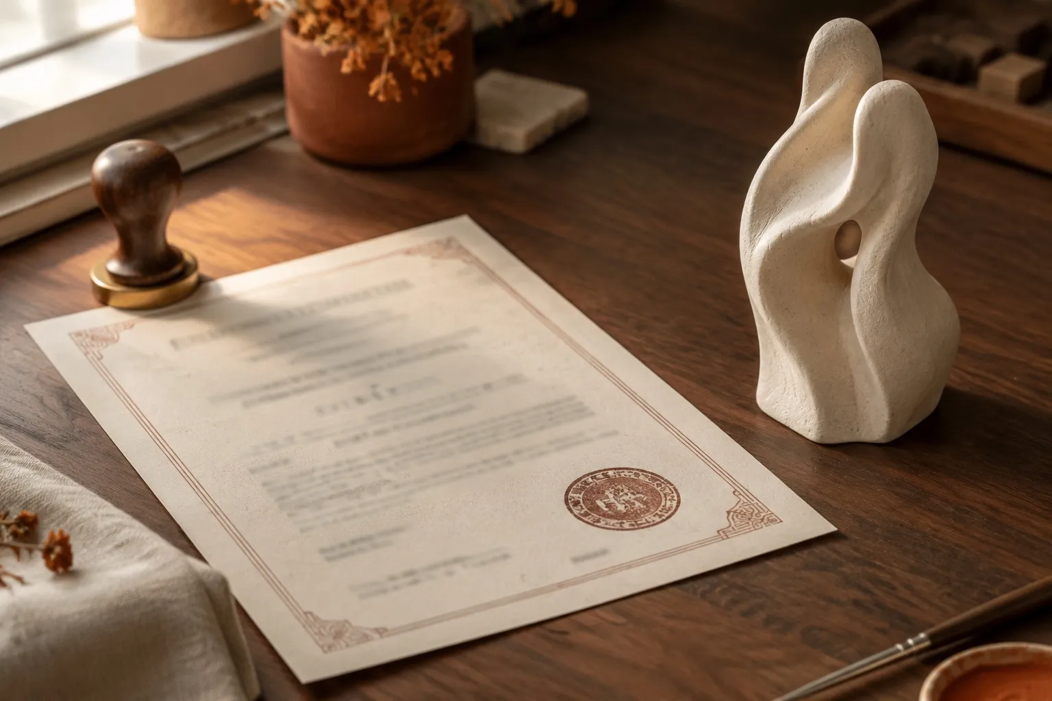 A licence document with a stamp beside an unpainted resin sample