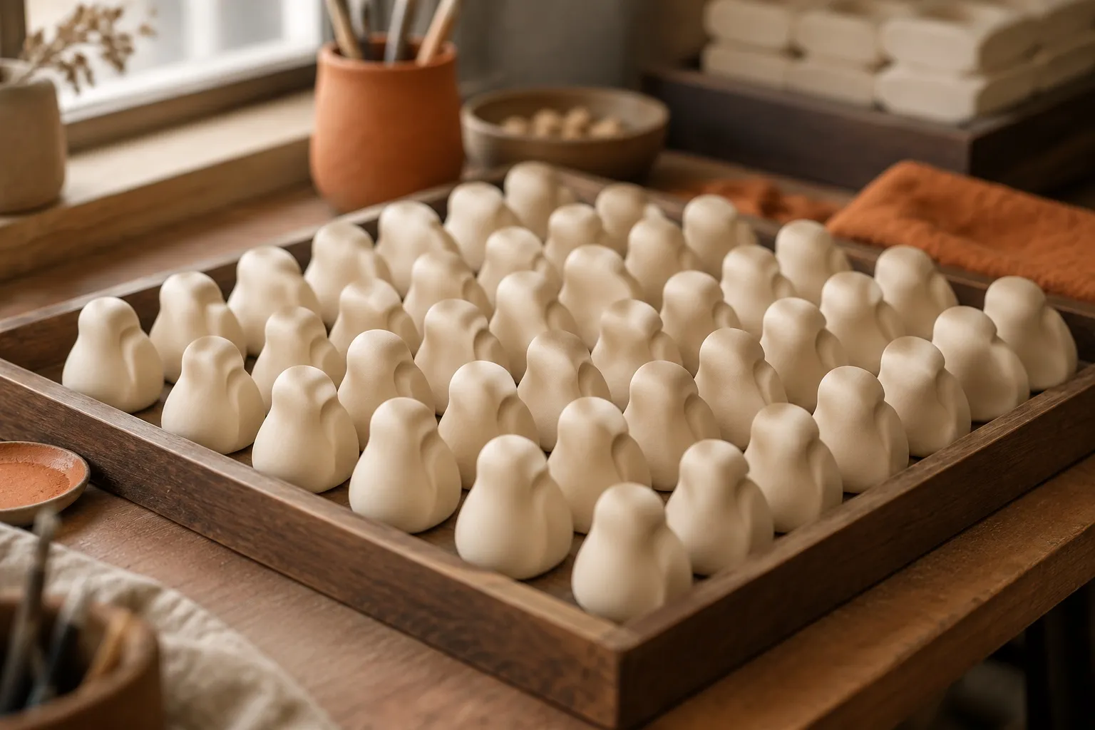 Rows of identical unpainted resin blanks on a production tray